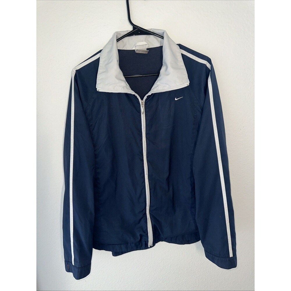 Nike Womens Windbreaker Jacket Size XL 16-18 Full Zip Navy With White Stripe